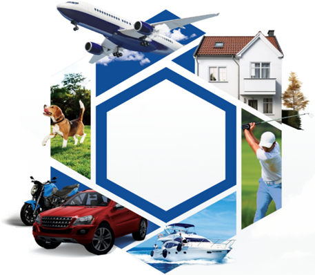 Malayan insurance coverage mosaic featuring travel, property, pet, vehicle, marine, and golf protection